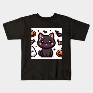 Cute black kitty cat smiling halloween candy ghost happy Kids T-Shirt